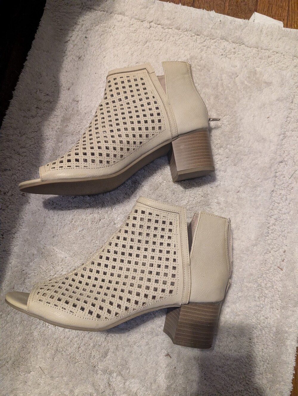 Rampage Vanilla Beige Laser-Cut Peep-Toe Block Heel Booties 10